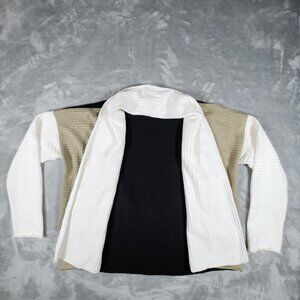 Margaret Winters Womens Medium Open-Front Cardigan Sweater Black/White/Tan 100%